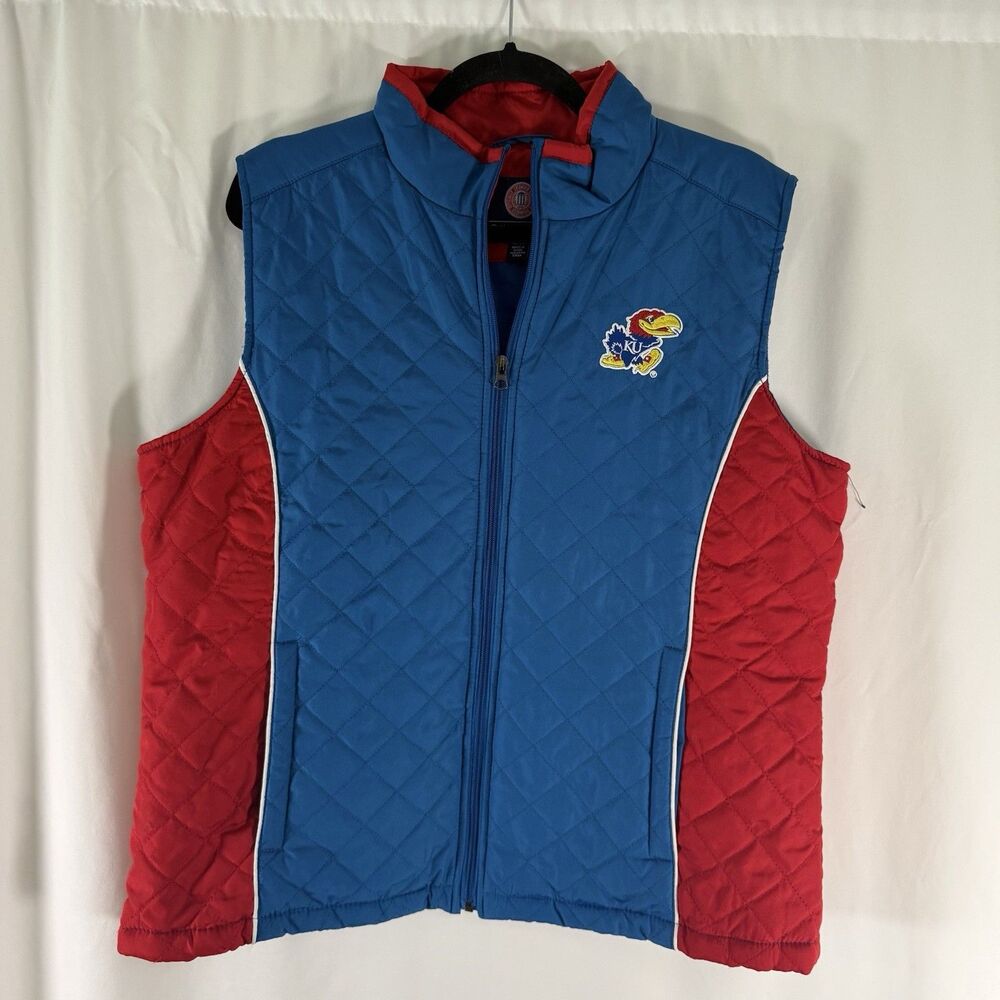 Kansas Jayhawks Quilted Vest Women's XL Blue Red Pockets Embroidered Full Zip
